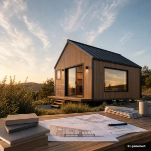 Individuell geplantes Tiny Haus mit klaren Funktionszonen und warmem Licht, editorial Architekturansicht in golden hour