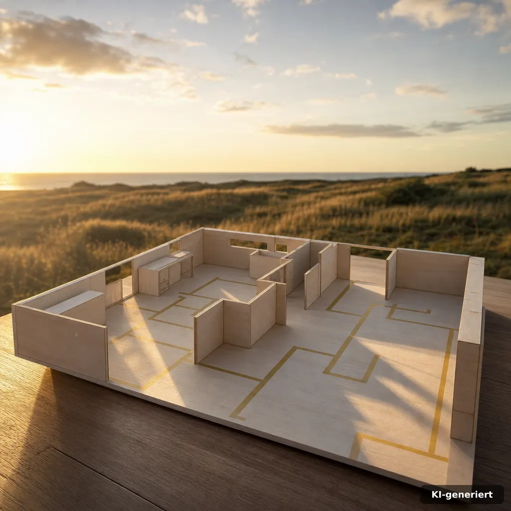 editorial photo eines maßgefertigten Tiny-Haus-Grundriss-Models mit markierten Funktionszonen als abstrakte Klebebandlin