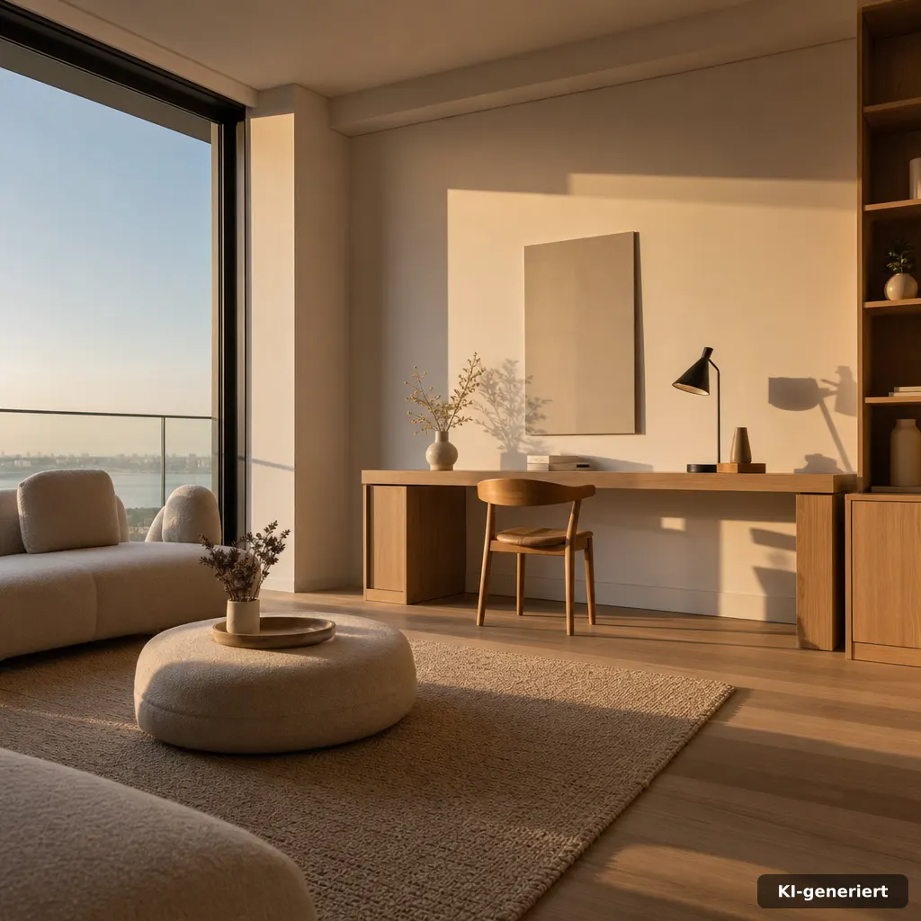 editorial photo of a tidy small interior layout with labeled mock-up furniture silhouettes, warm natural light through w
