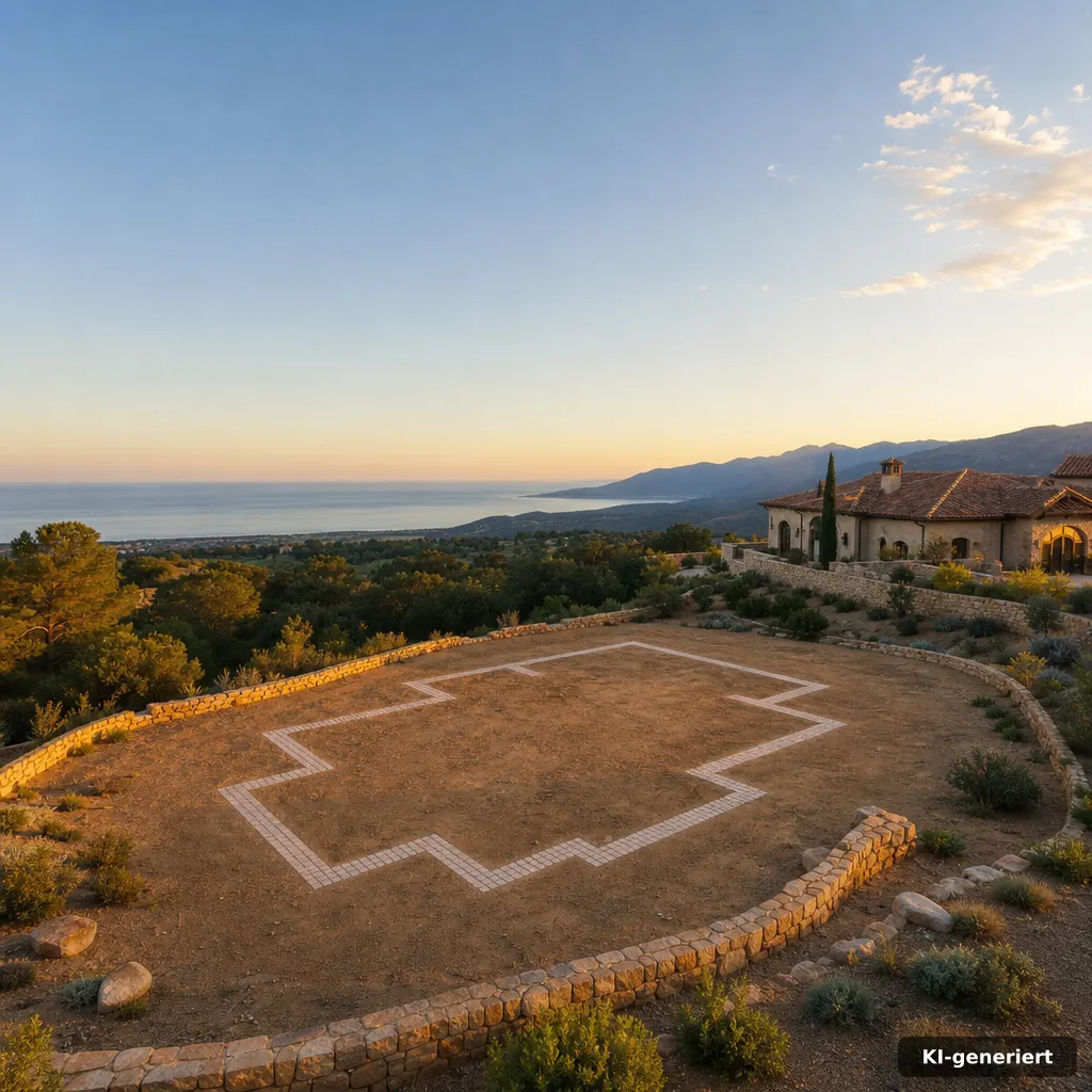 aerial editorial photo perspective of a small property parcel with a potential footprint outline in light paving stones,