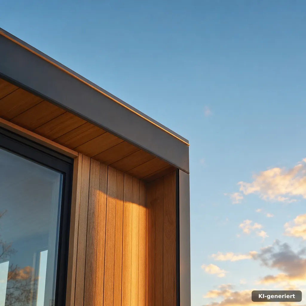 premium editorial photo of a close-up detail at a tiny house facade junction–warm wood paneling edge, precise seam lines