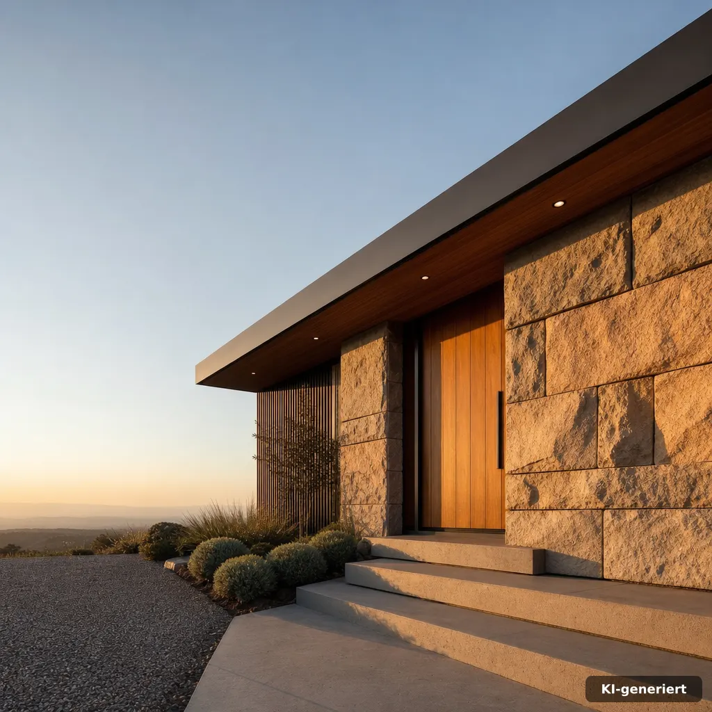 editorial architectural photograph of a compact modular home entrance with warm stone facade, subtle panel joints, golde
