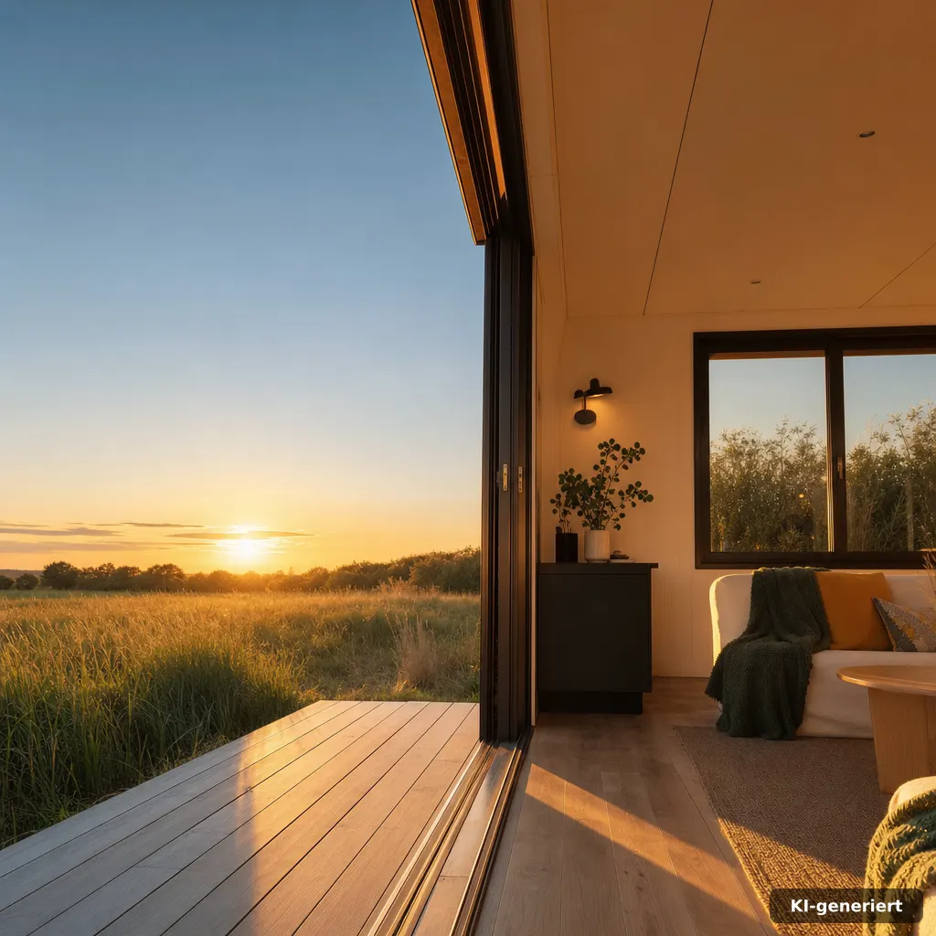 architectural editorial photo of a warm interior scene in a small modular home, soft daylight through a window, clean li