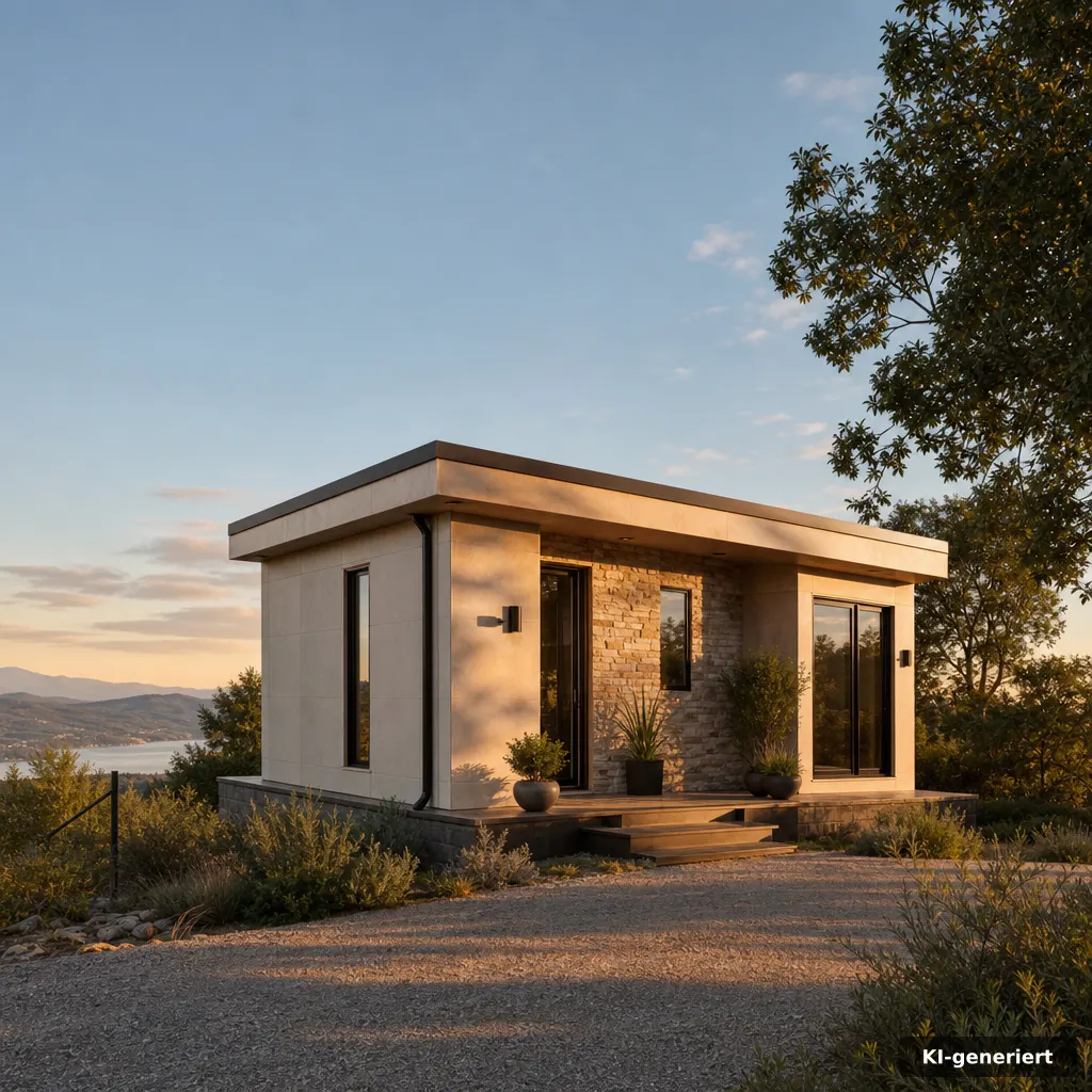 golden hour exterior view of a modular tiny house on a property edge, warm stone and cream facade, long soft shadows, sl