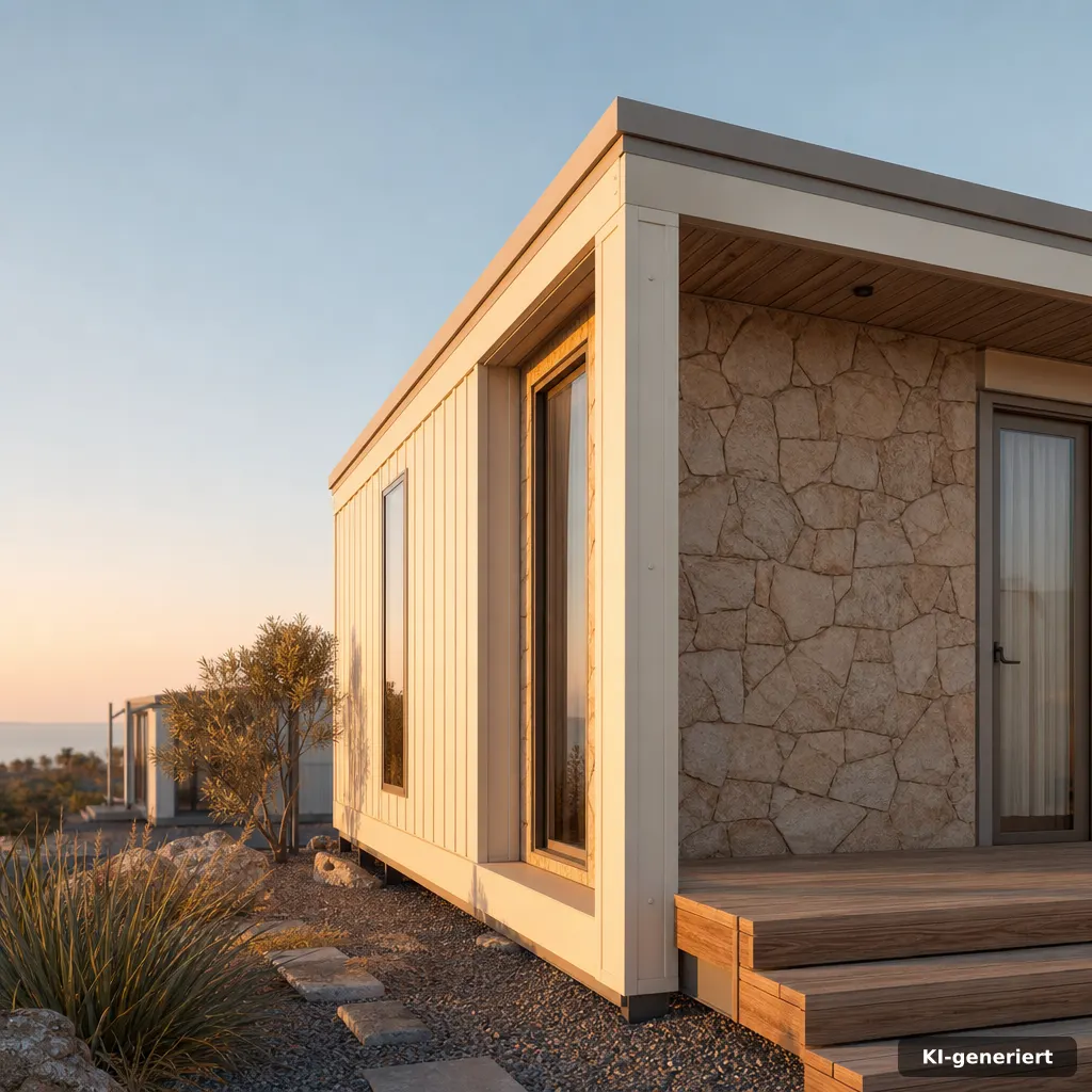 Detailreiche Ansicht einer kompakten Modul-Fassade mit klaren Anschlusslinien und hochwertiger Materialstruktur