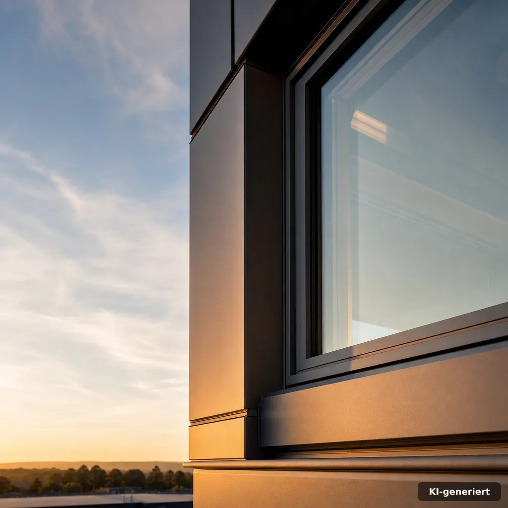 golden hour editorial photo einer Detailansicht an einer Stahlrahmen-Fassade in Stahlrahmenbauweise, kein Holz, und Fens