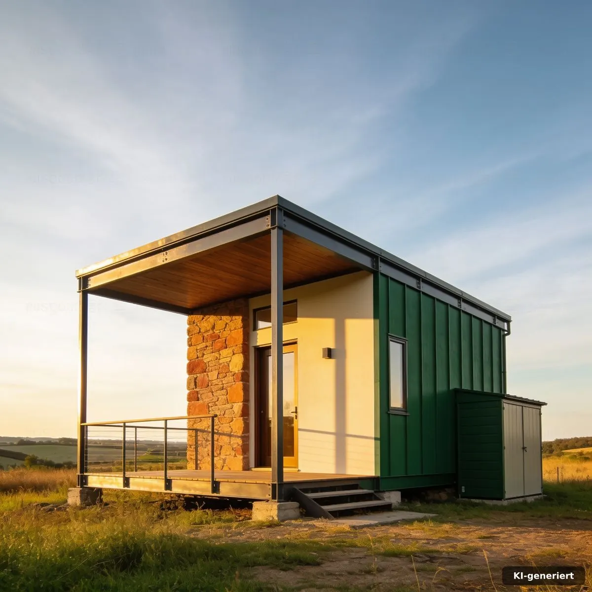 Kompaktes Tiny Haus für Vermietung mit überdachtem Eingang und gepflegtem Außenbereich