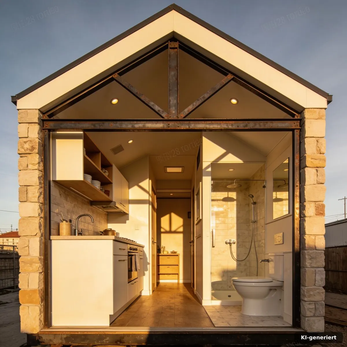 Funktionaler Innenraum eines Tiny Hauses mit kompakter Küche und integriertem Stauraum