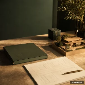 Schreibtisch mit Planungsskizzen für Tiny Haus kaufen, warmes Golden-Hour-Licht, klare Abläufe und Fokus auf Einzug
