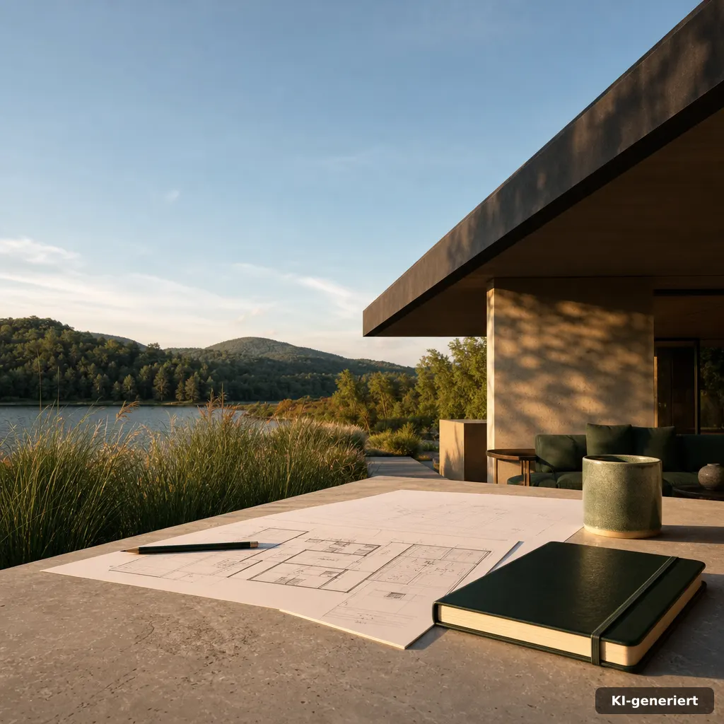editorial photo of a minimalist desk with planning sheets, a small floor plan sketch, and a compact notebook on warm sto