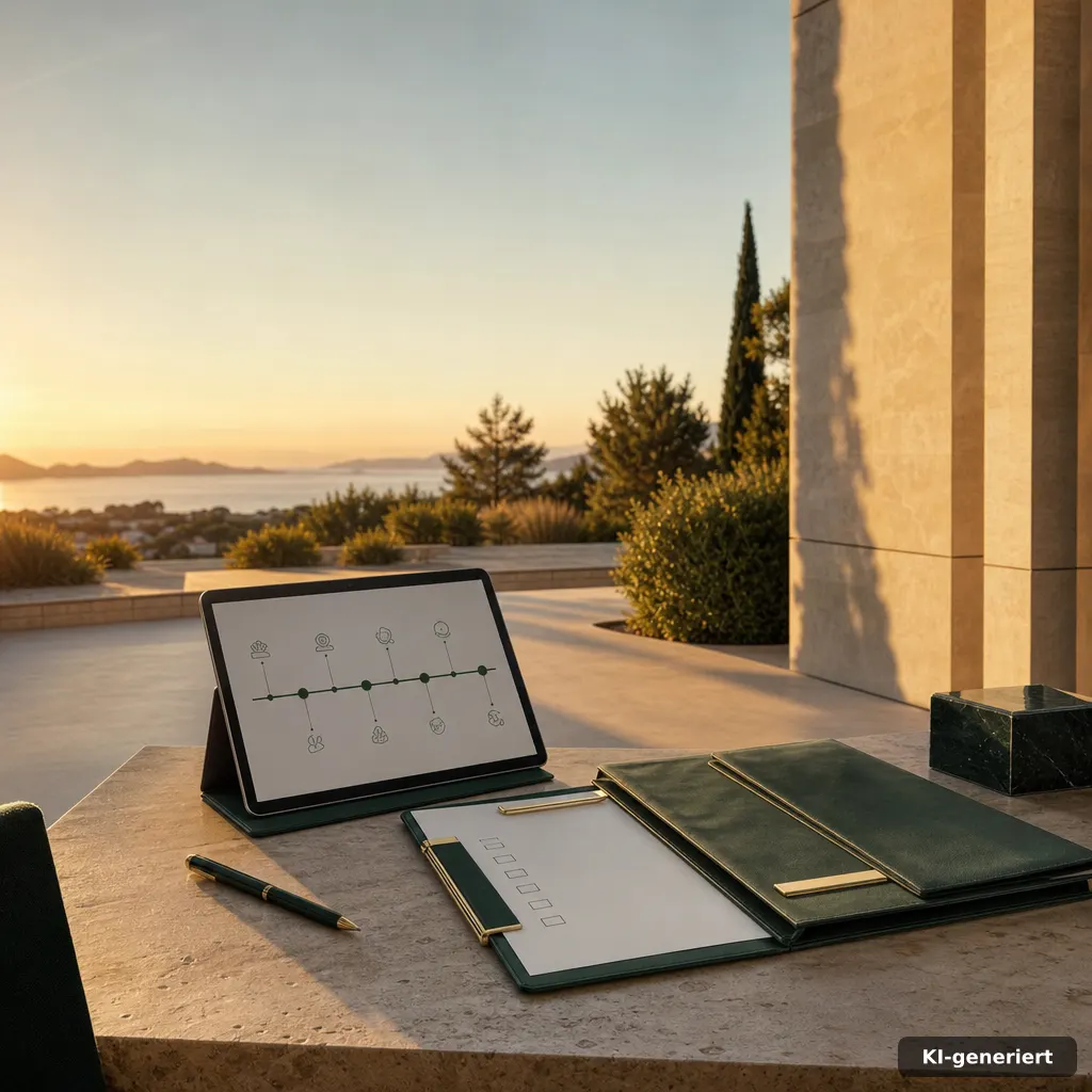 golden hour editorial photo of a calm consultation corner with a tablet showing a generic timeline layout, a pen, and a 