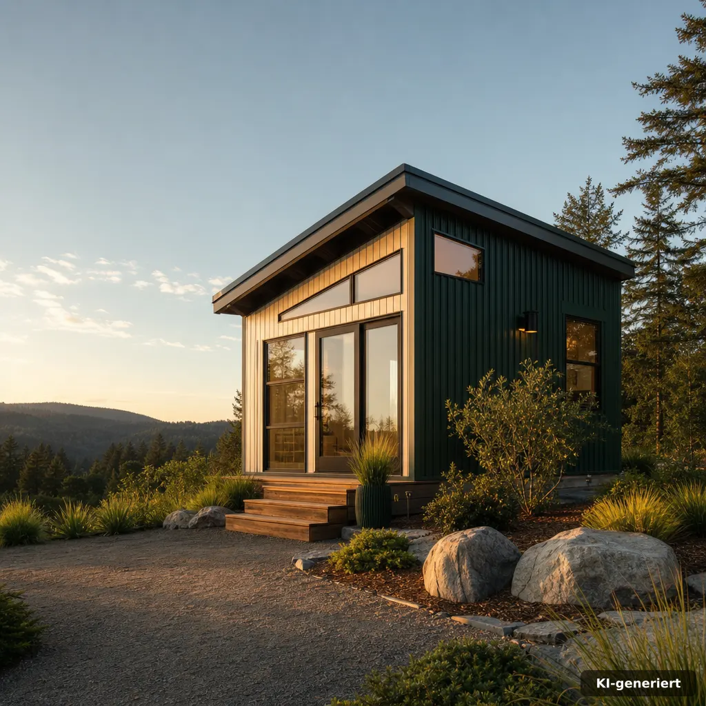 warm editorial exterior shot at golden hour of a compact modern tiny house on a clean plot with soft shadows, muted gold