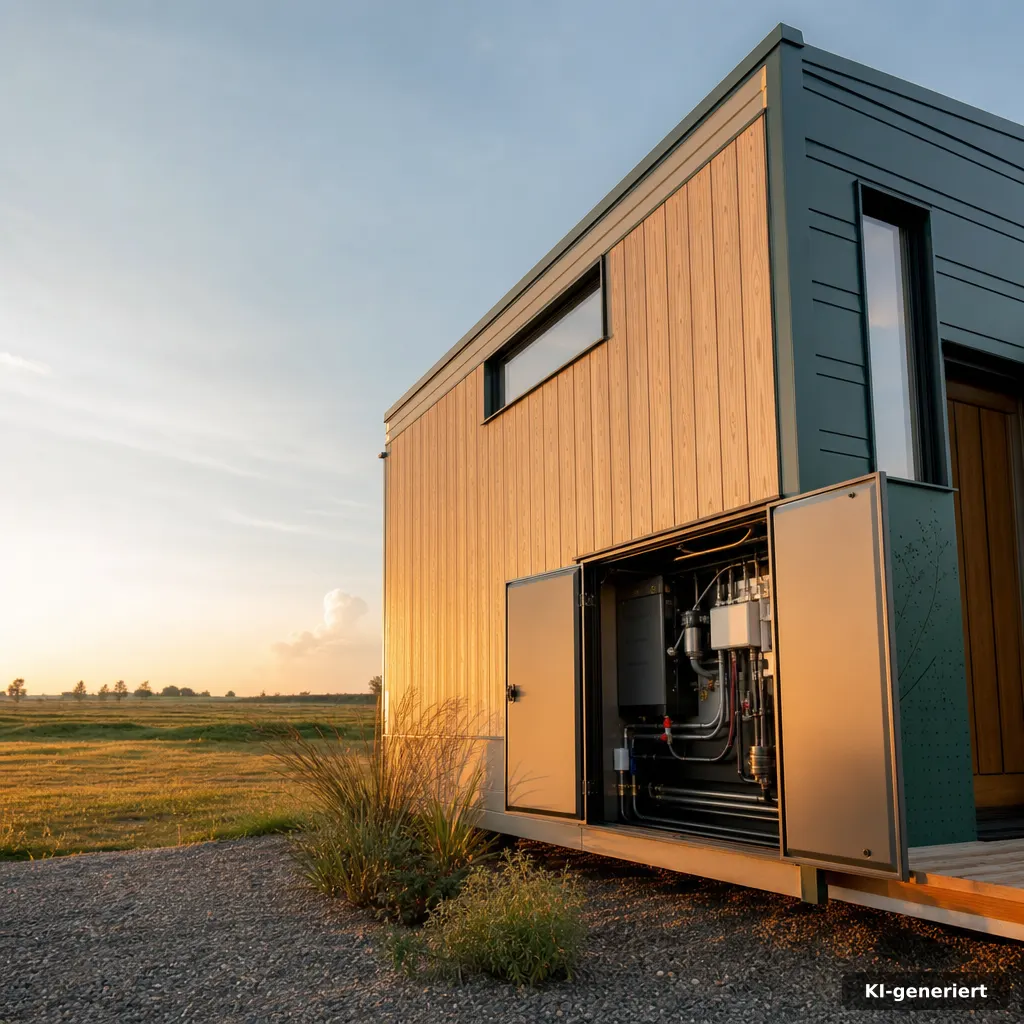 Übergabe-Situation am Tiny Haus schlüsselfertig mit Blick auf technische Anschlussschnittstellen