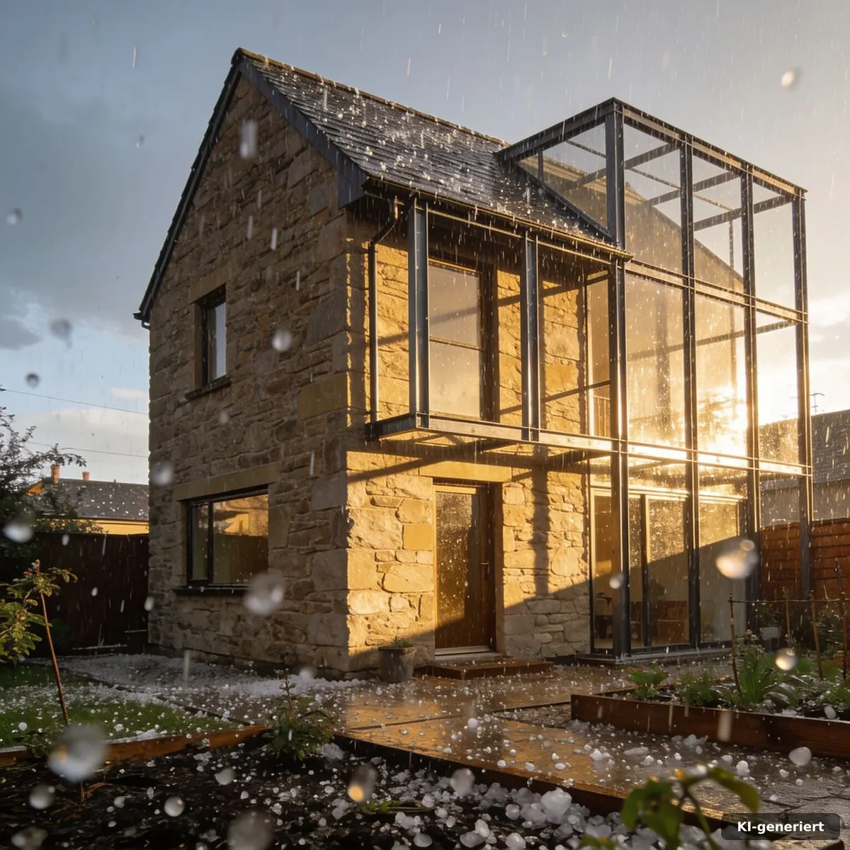 Tiny House in Stahlrahmenbauweise bei Hagel und wechselndem Wetter