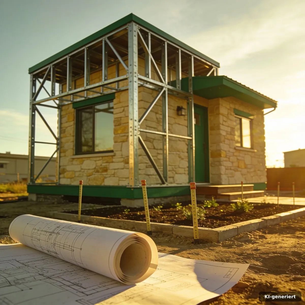 Tiny Haus in Stahlrahmenbauweise auf einem geplanten Grundstück mit präzisen Außenmaßen