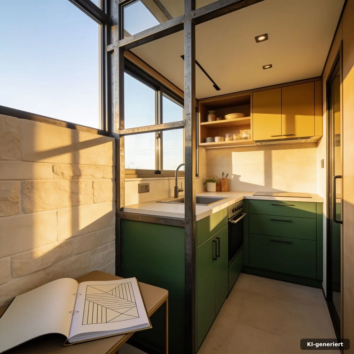 Fertig geplantes Tiny-Haus-Interieur in Stahlrahmenbauweise mit kompakter Küche und Stauraum