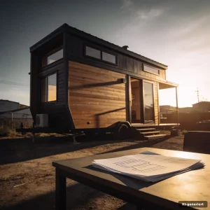 Was kostet ein Tiny House: modernes Stahlrahmen-Haus auf vorbereitetem Grundstück bei warmem Abendlicht