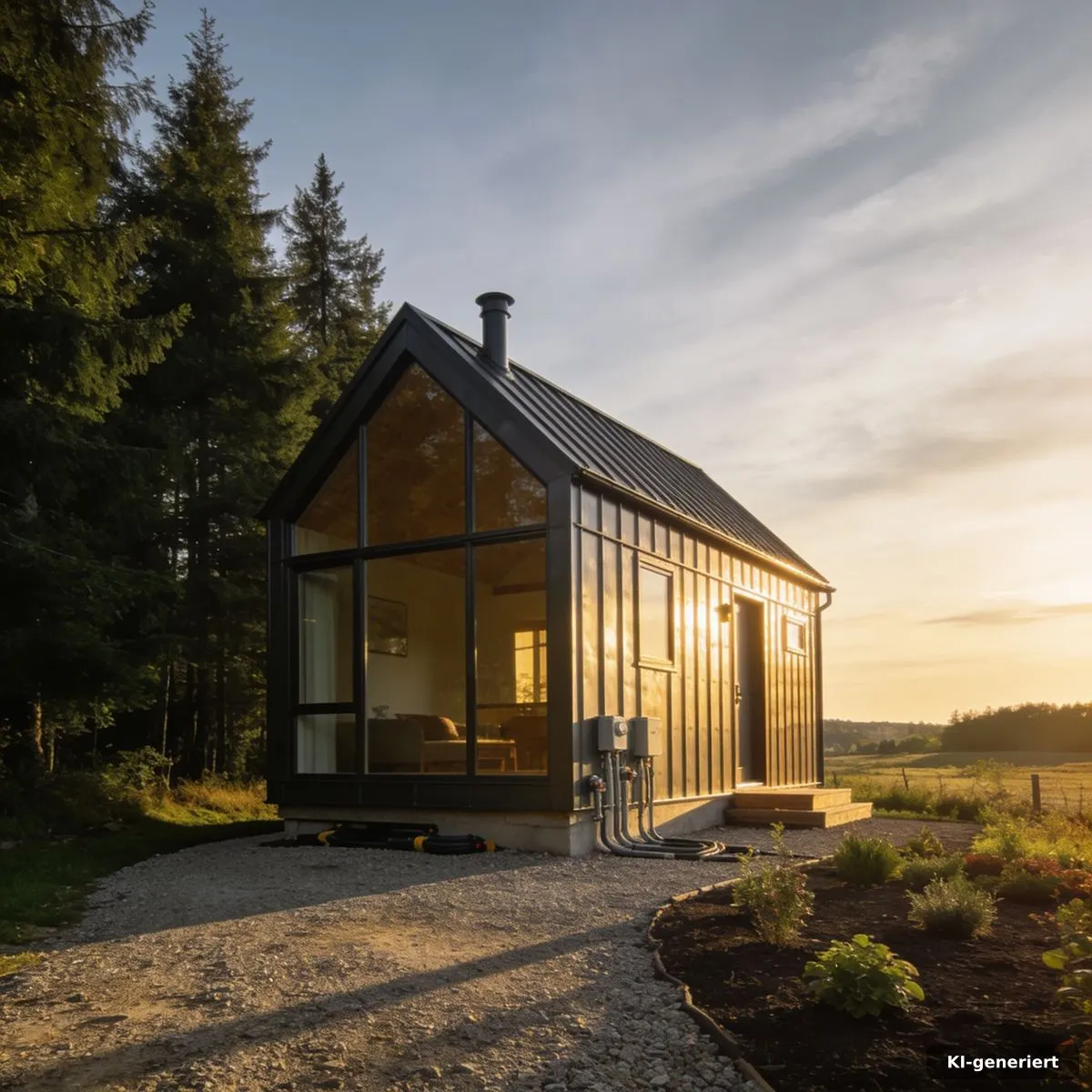 Kompaktes Stahlrahmen-Tiny-House auf einem sorgfältig geplanten Grundstück im ländlichen Umfeld