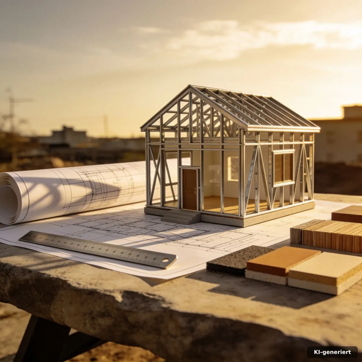 Standortplanung mit Modell eines modernen Stahlrahmen-Tiny-Houses und abstrakten Planunterlagen