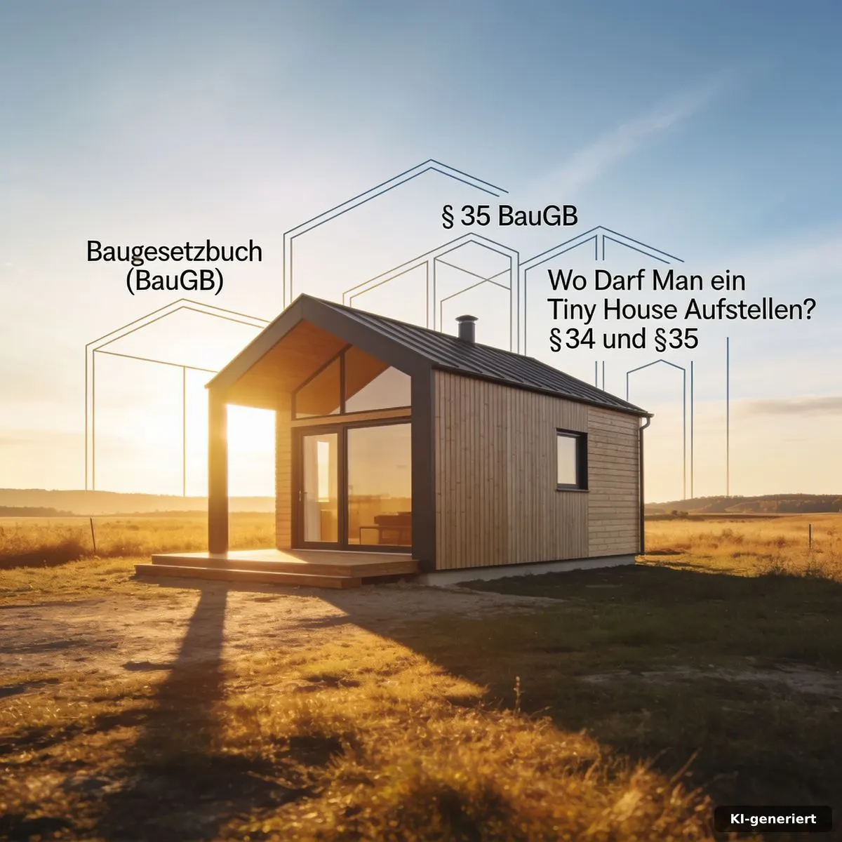 Wo darf man ein Tiny House aufstellen? Stahlrahmen-Haus zwischen Ortsteil und ländlicher Landschaft bei warmem Abendlicht