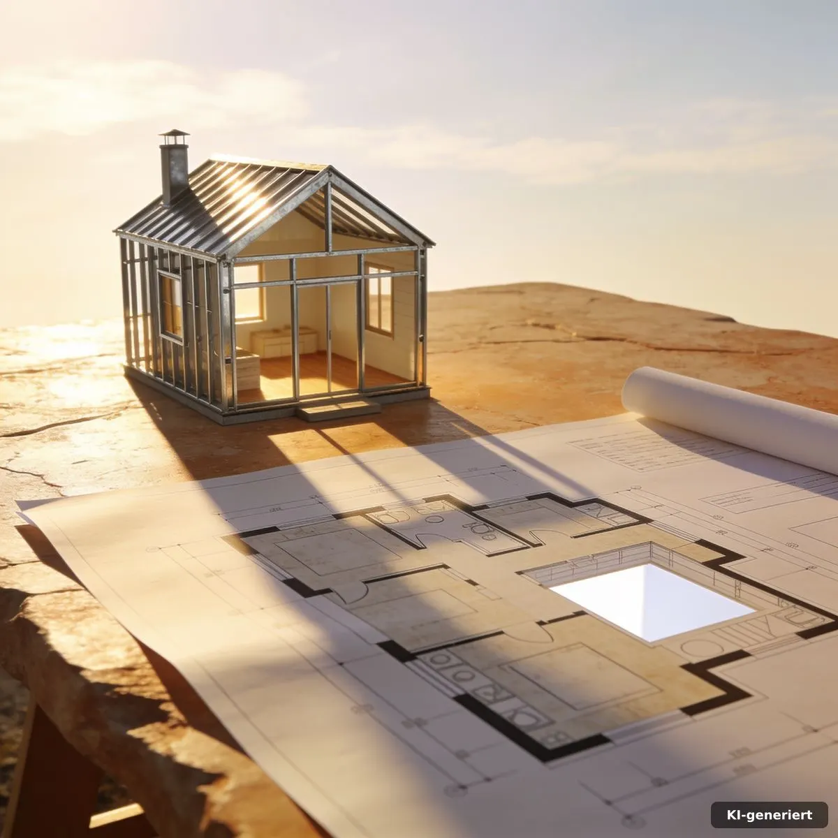 Stahlrahmen-Tiny-Haus neben einem Grundriss mit klar erkennbaren Bewegungsflächen