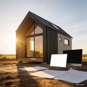 Erstes Grundstück Tiny Haus mit markierter Baufläche, Stahlrahmen-Konstruktion und vorbereiteten Planungsunterlagen