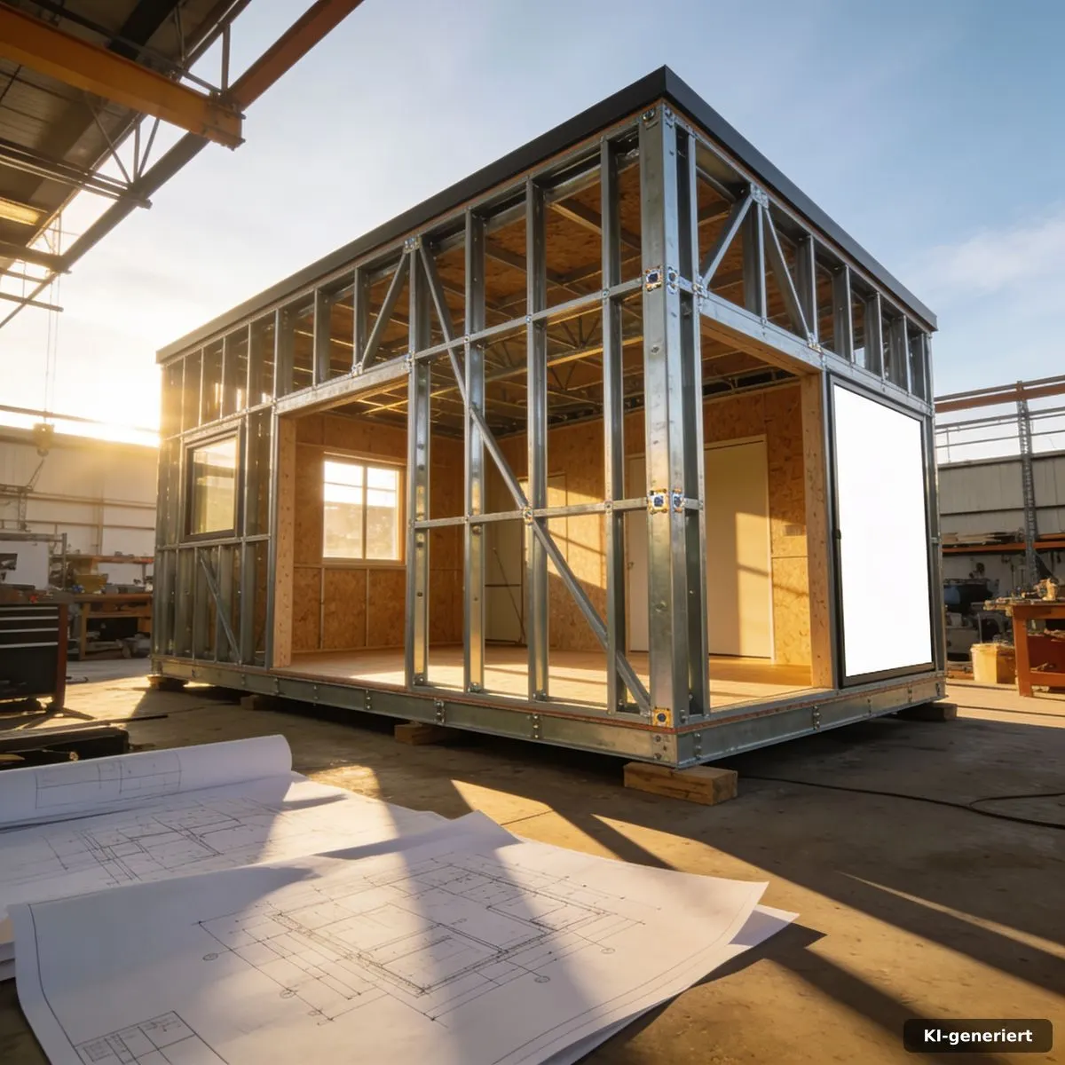 Präzise Stahlrahmen-Konstruktion eines Tiny Hauses in der Planungs- und Fertigungsphase