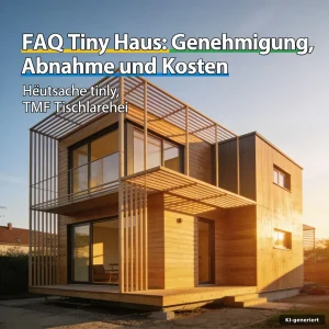 Modernes FAQ Tiny Haus in Stahlrahmenbauweise auf einem vorbereiteten Grundstück bei warmem Abendlicht