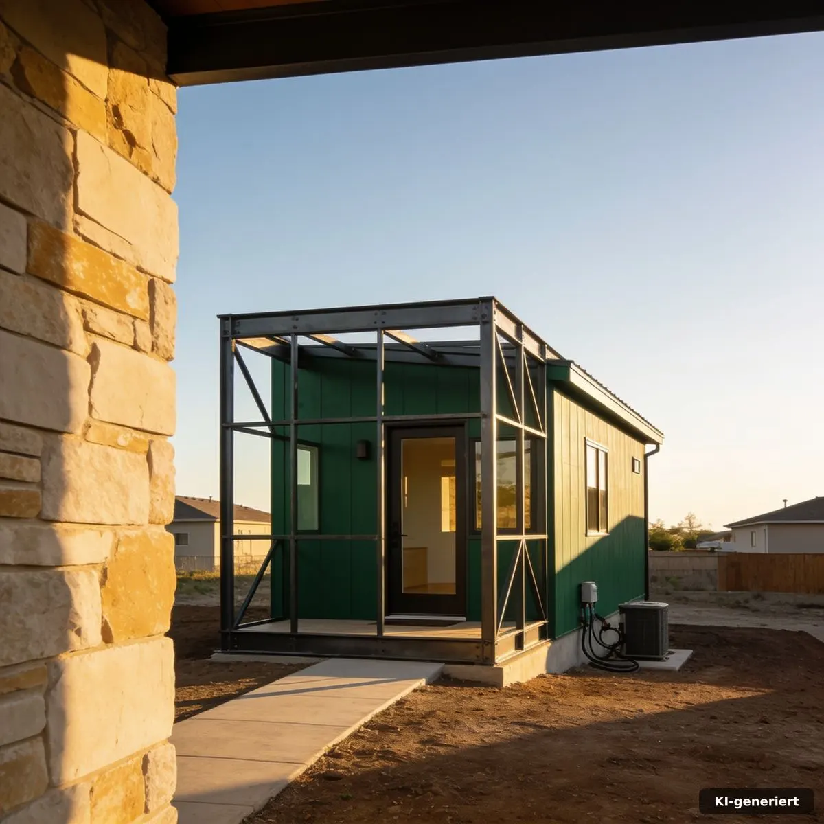 Modernes Tiny Haus in Stahlrahmenbauweise auf einem vorbereiteten Grundstück