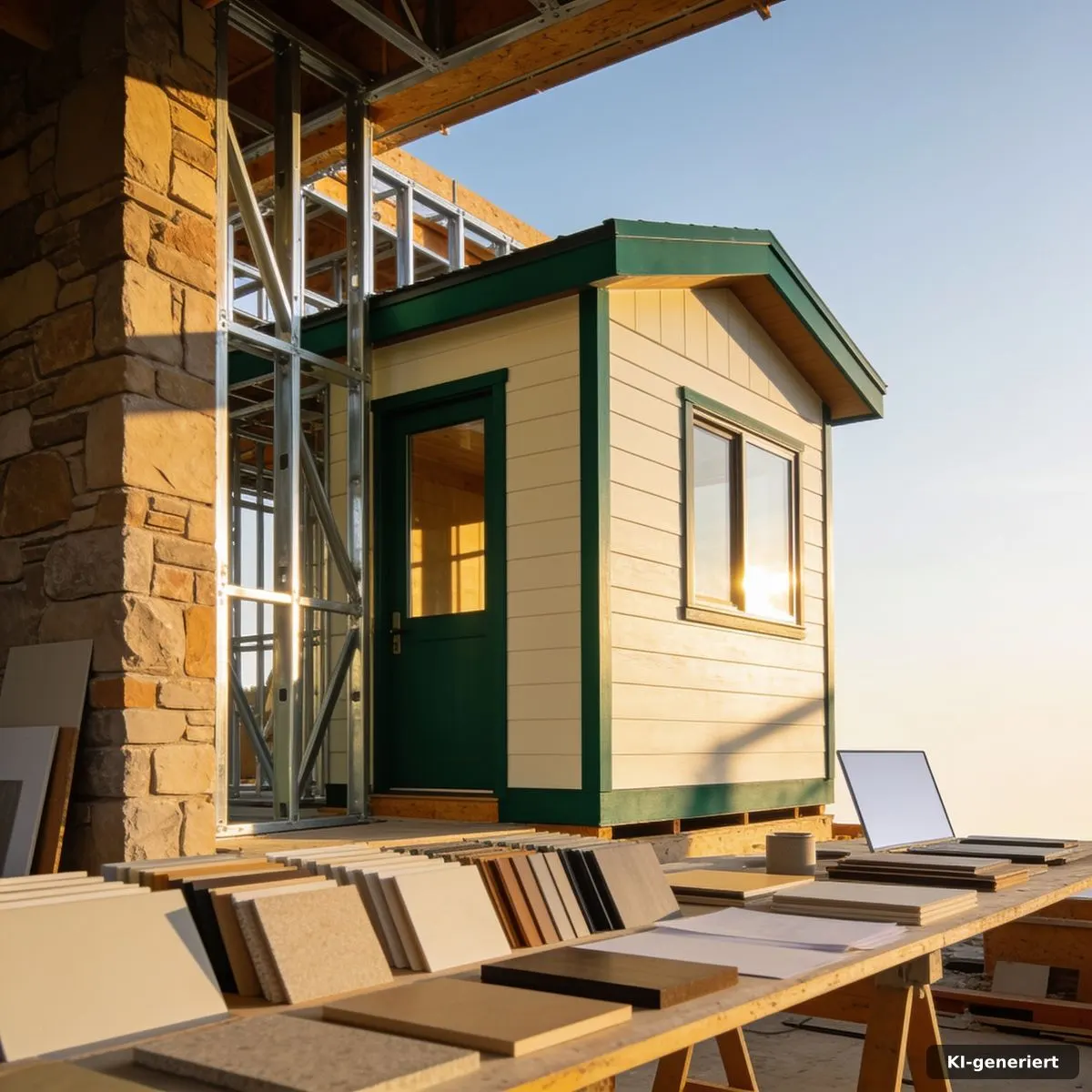 Präzise Stahlrahmen-Konstruktion eines Tiny Houses mit geordneten Materialmustern
