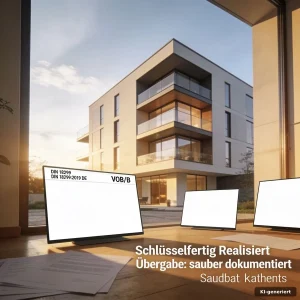 Schlüsselfertig realisiert Übergabe eines Stahlrahmen-Tiny-Hauses mit Nachweismappe und Schlüssel im Abendlicht