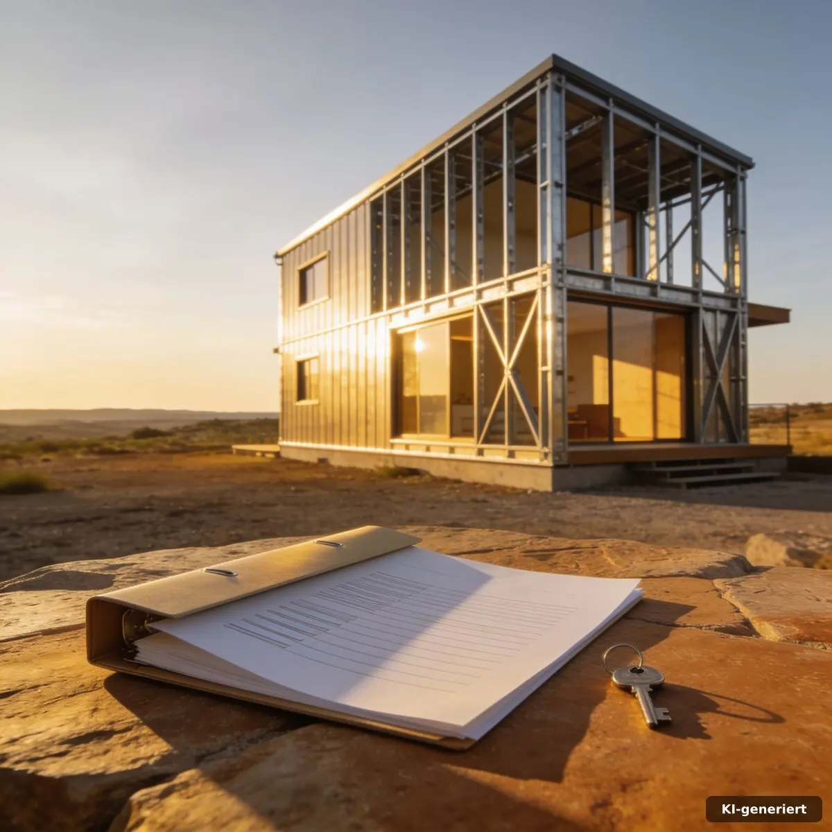 Kompaktes Stahlrahmen-Tiny-Haus mit Übergabeunterlagen und Schlüssel im Abendlicht