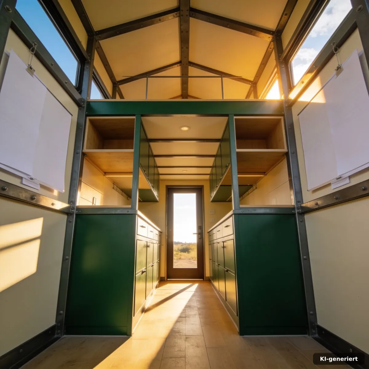 Kompaktes Tiny-Haus-Interieur mit Stahlrahmenbauweise, Stauraumnischen und freier Bewegungsfläche