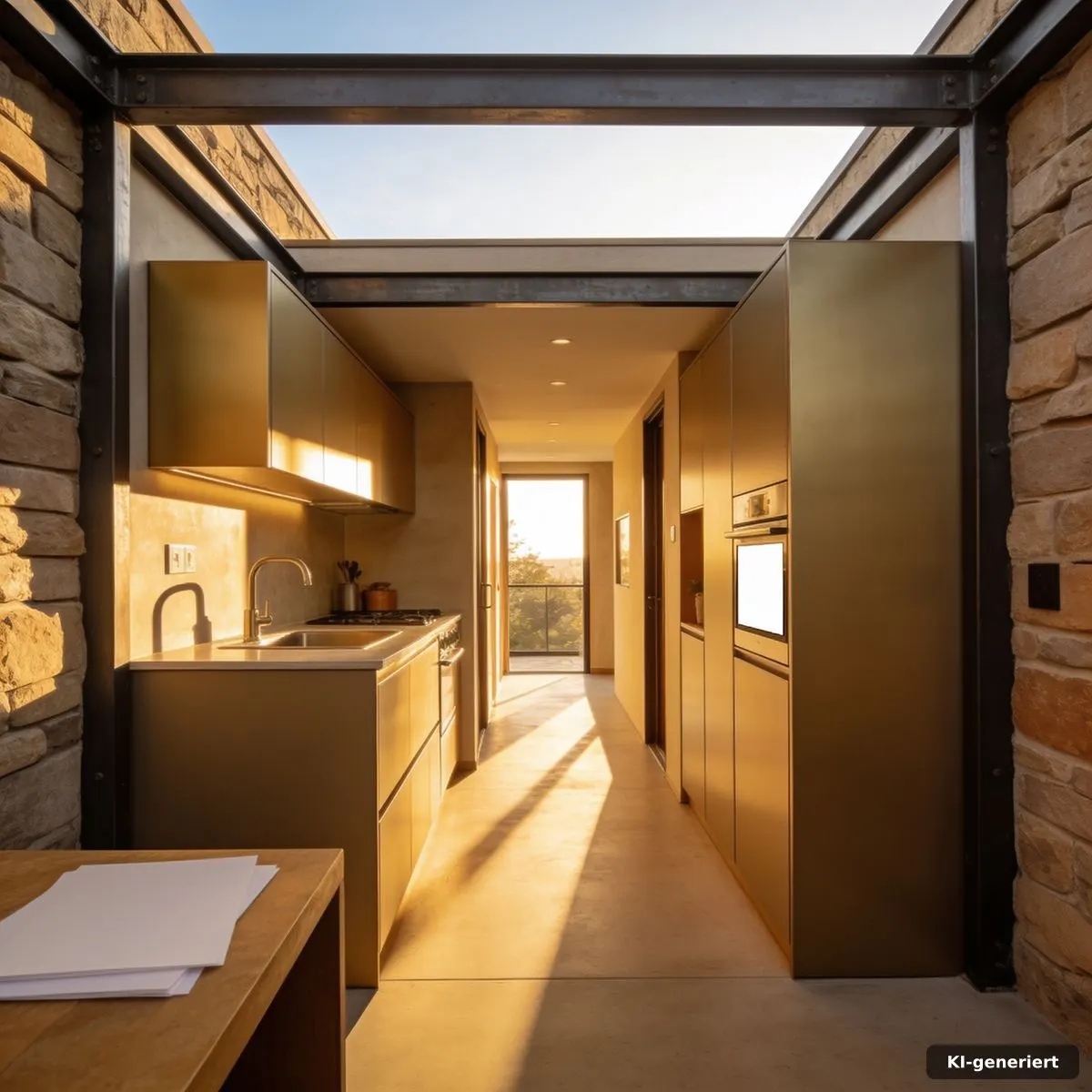 Freie Bewegungsfläche zwischen Küche und Stauraum in einem Tiny Haus