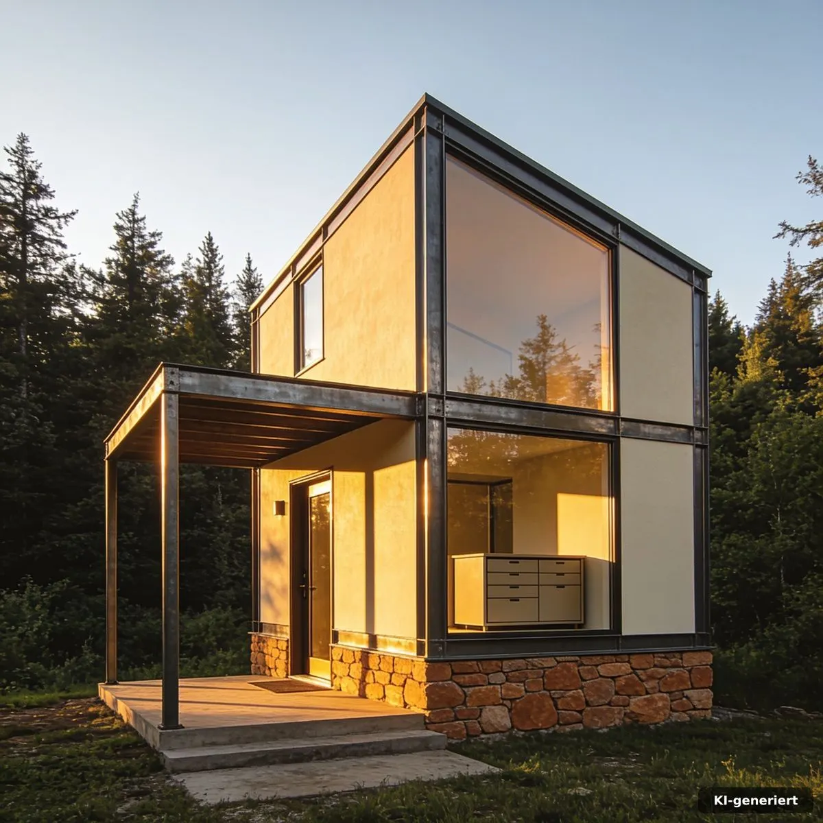 Fertig realisiertes Tiny Haus in Stahlrahmenbauweise mit klarer Wegeführung und geschütztem Eingang