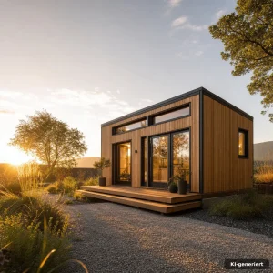 Tiny Haus Kaufen Schlüsselfertig: modernes Zuhause in Stahlrahmenbauweise bei warmem Abendlicht