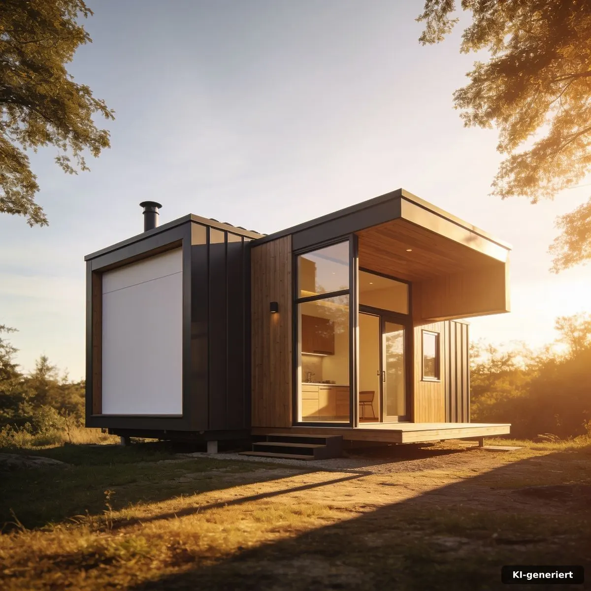 Tiny Haus modular erweiterbar mit vorbereitetem Stahlrahmen-Modul in warmer Abendsonne