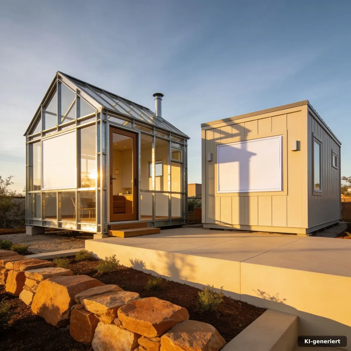 Zwei präzise geplante Stahlrahmen-Module für ein erweiterbares Tiny Haus