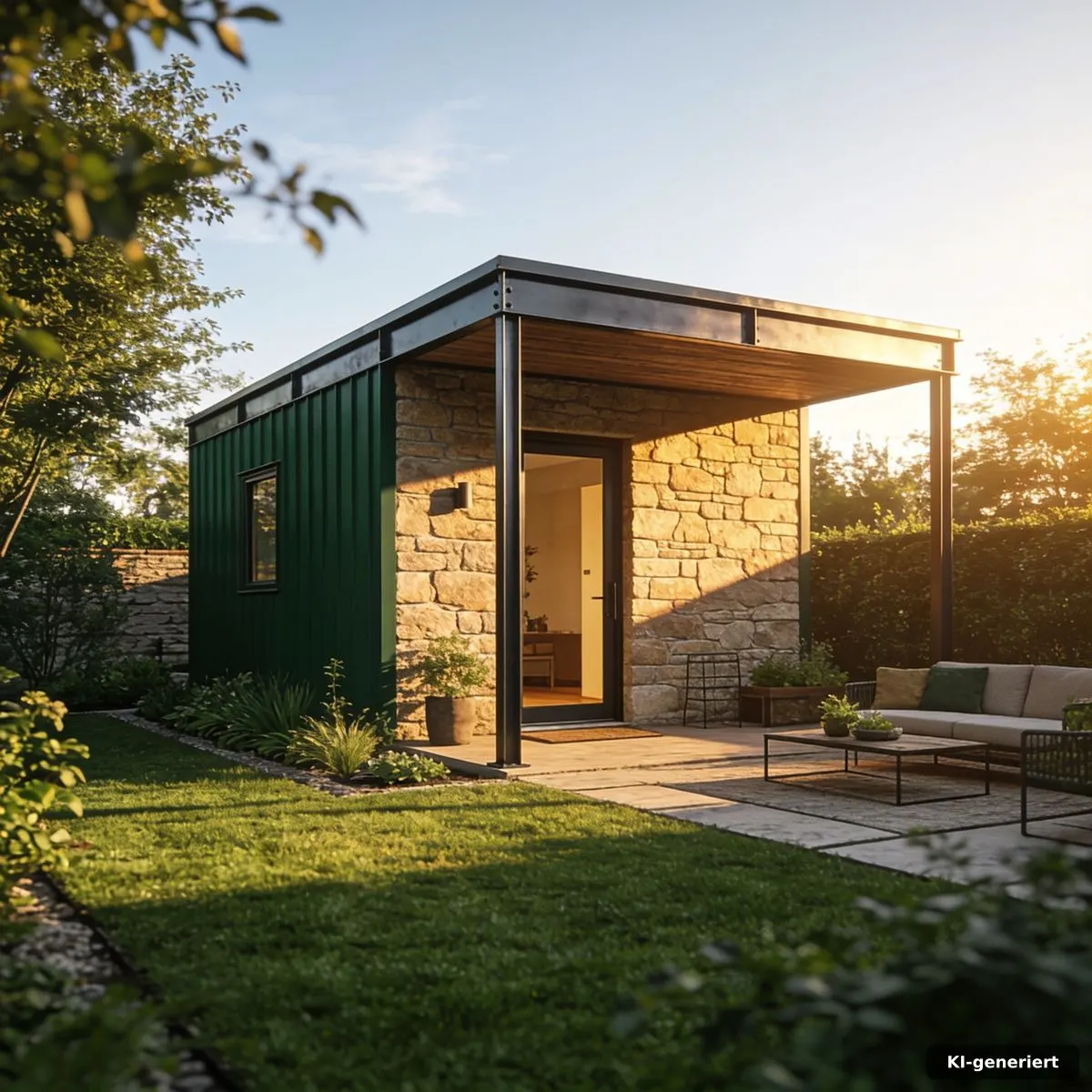 Kompaktes Tiny Haus in Stahlrahmenbauweise mit klar geplantem Außenbereich