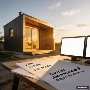 Tiny Haus Abnahmeprotokoll Vorlage mit Prüfliste und sichtbaren Details der Stahlrahmen-Konstruktion