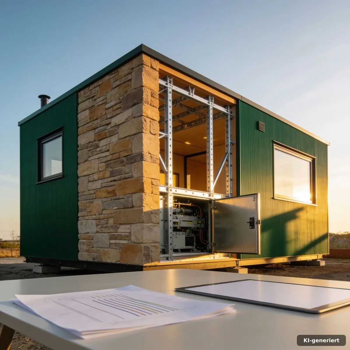 Hochwertiges Tiny Haus mit sichtbaren Details der Stahlrahmen-Konstruktion bei der Abnahme