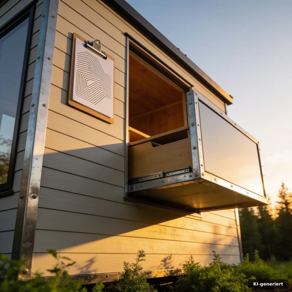 Fertiggestelltes Tiny Haus mit Abnahmeunterlagen und sichtbaren Details der Stahlrahmen-Konstruktion